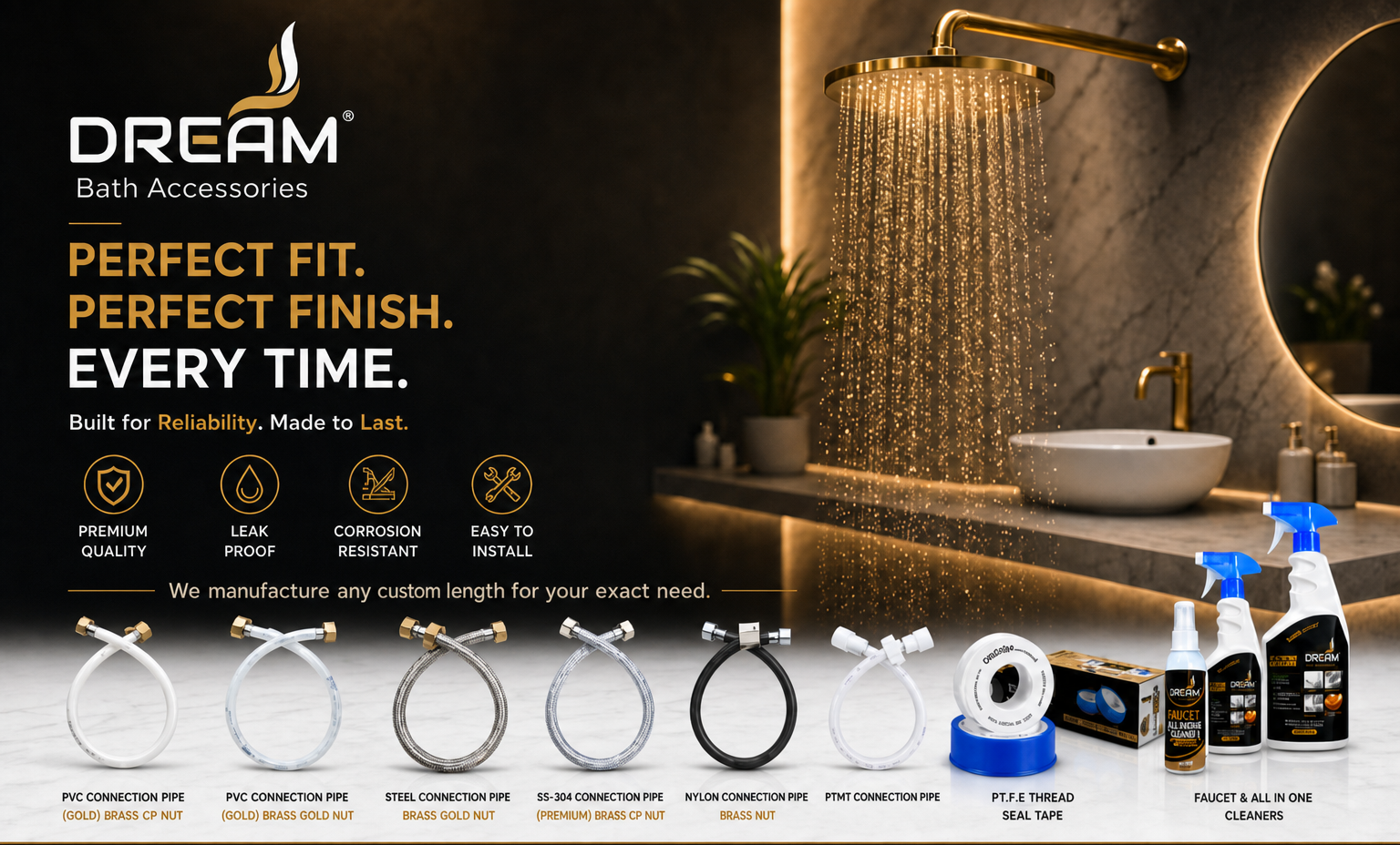 Dream Bath Accessories — complete range of premium brass bath fittings, showers, and accessories on marble.